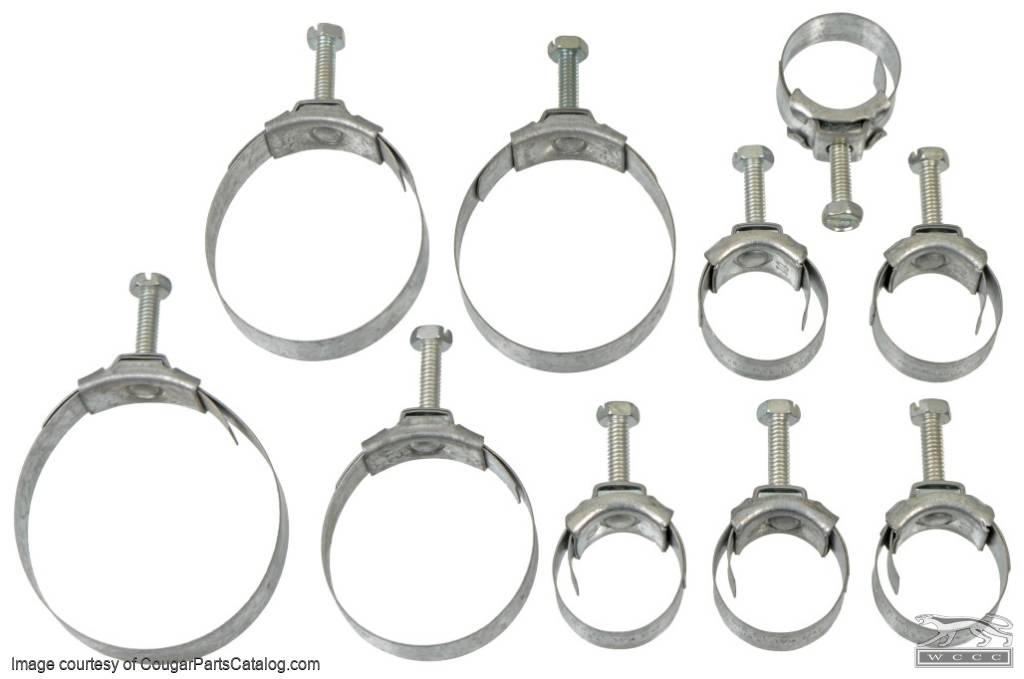 Wittek - 390 - 427 - 428 - Tower Hose Clamp Kit - CONCOURS - Date Stamped - SET OF 10 - Repro ~ 1968 Mercury Cougar - 1968 Ford Mustang - 52299