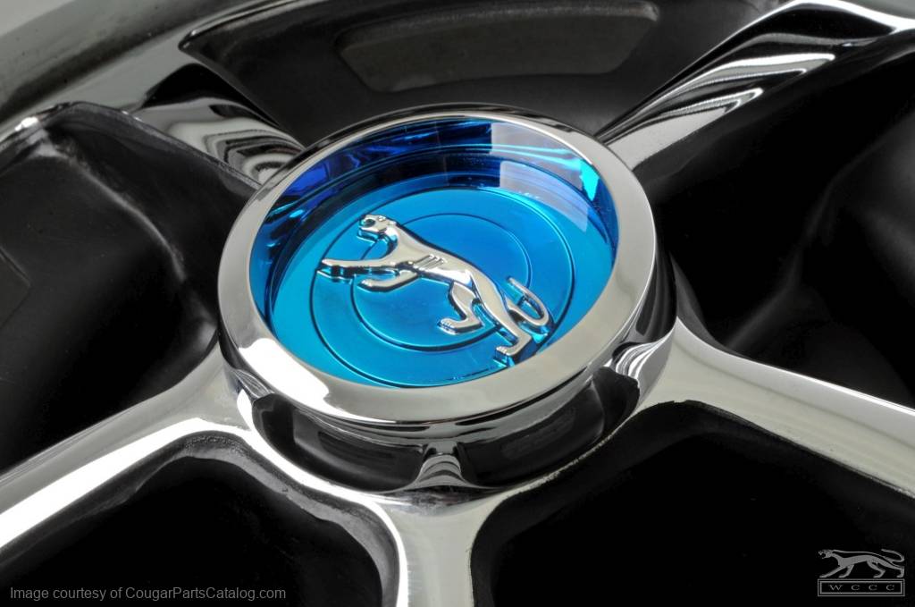 Center Cap - Magnum 500 Wheel - Chrome - BLUE Center - Walking Cat Logo - EACH - Repro ~ 1967 - 1979 Mercury Cougar - 26228