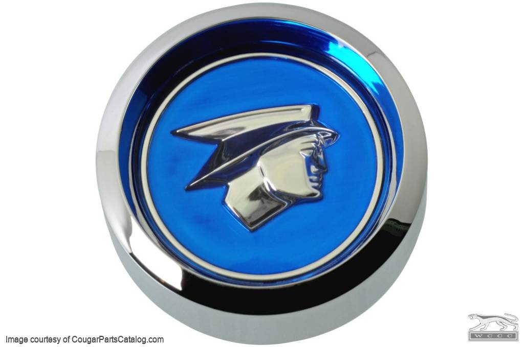 Center Cap - Magnum 500 Wheel - Chrome - BLUE Center - Mercury Man Logo - EACH - Repro ~ 1967 - 1979 Mercury Cougar - 26243