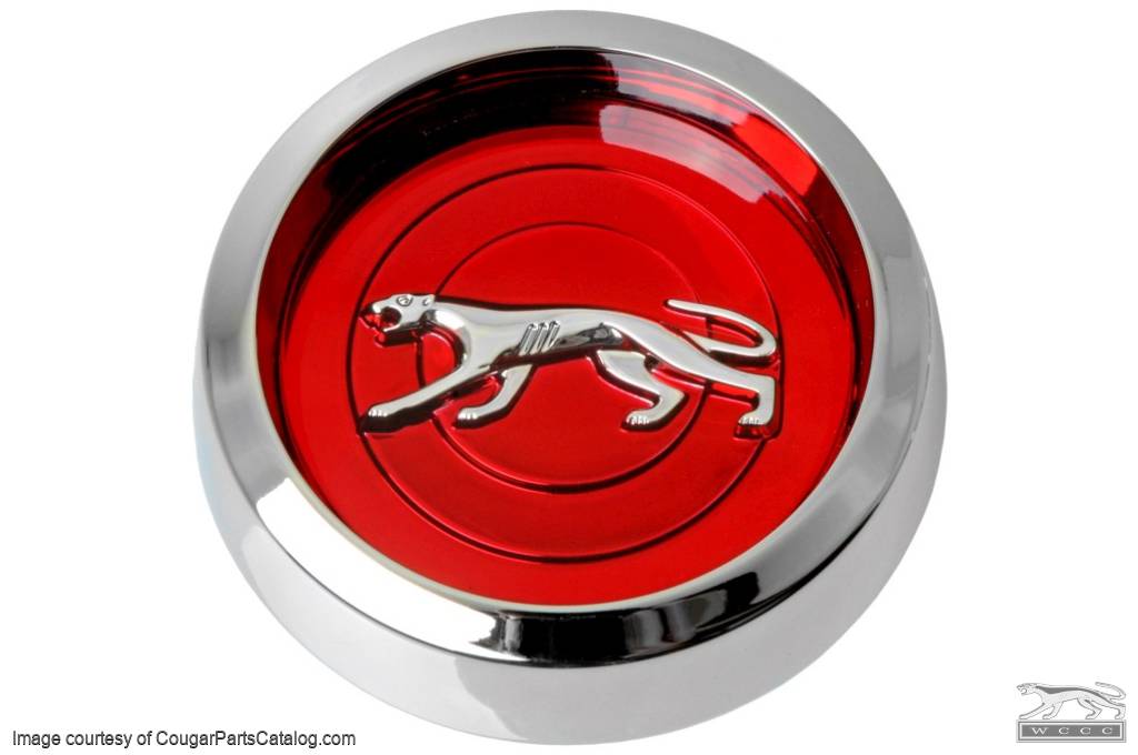 Center Cap - Magnum 500 Wheel - Chrome - RED Center - Walking Cat Logo - EACH - Repro ~ 1967 - 1979 Mercury Cougar - 26246