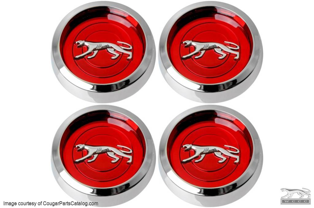 Center Cap - Magnum 500 Wheel - Chrome - RED Center - Walking Cat Logo - Set of 4 - Repro ~ 1967 - 1979 Mercury Cougar - 42159