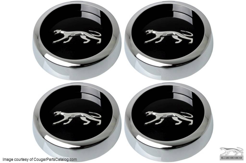 Center Cap - Magnum 500 Wheel - Chrome - BLACK Center - Walking Cat Logo - Set of 4 - Repro ~ 1967 - 1979 Mercury Cougar - 42161