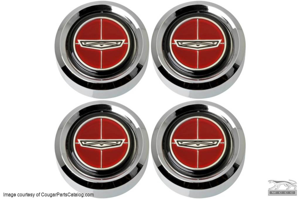 Center Cap  - Magnum 500 Wheel  - Chrome - RED Center - Ford Logo - Set of 4 - Repro ~ 1967 - 1979 Mercury Cougar / 1967 - 1979 Ford Fairlane / 1967 - 1979 Ford Torino - 42401