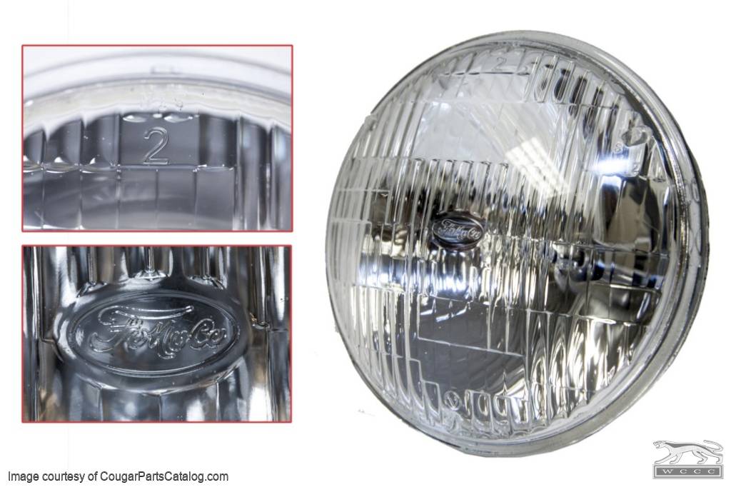 High / Low Beam Headlamp - H5006 - with FoMoCo Logo - Halogen - Repro ~ 1967 - 1973 Mercury Cougar / 1969 Ford Mustang - 10065