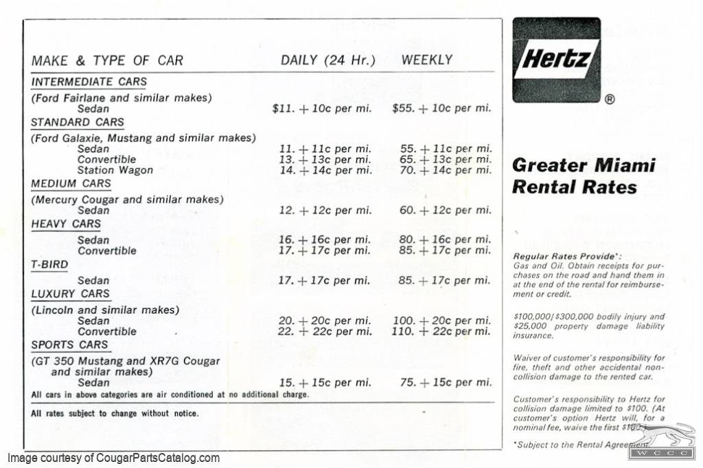 Hertz Rental Car Brochure - 1969 Ford Cars - Used  ~ 1968 Mercury Cougar XR7-G / 1968 Ford Mustang GT 350 / 1969 Mercury Cougar / 1969 Ford Mustang - 16129