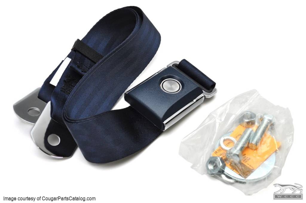 Seat Belt - DARK BLUE - OEM Style Push Button - Repro ~ 1967 - 1973 Mercury Cougar / 1967 - 1973 Ford Mustang - 13714