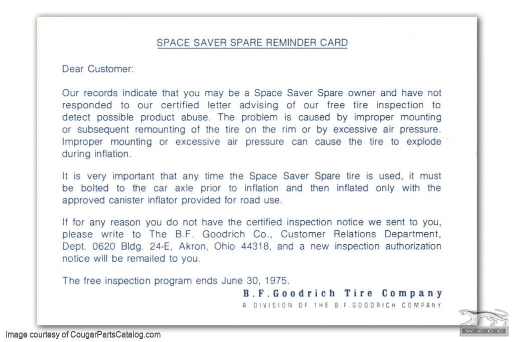 Space Saver Spare Recall Postcard - Repro ~ 1968 - 1971 Mercury Cougar - 1968 - 1971 Ford Mustang - 26298