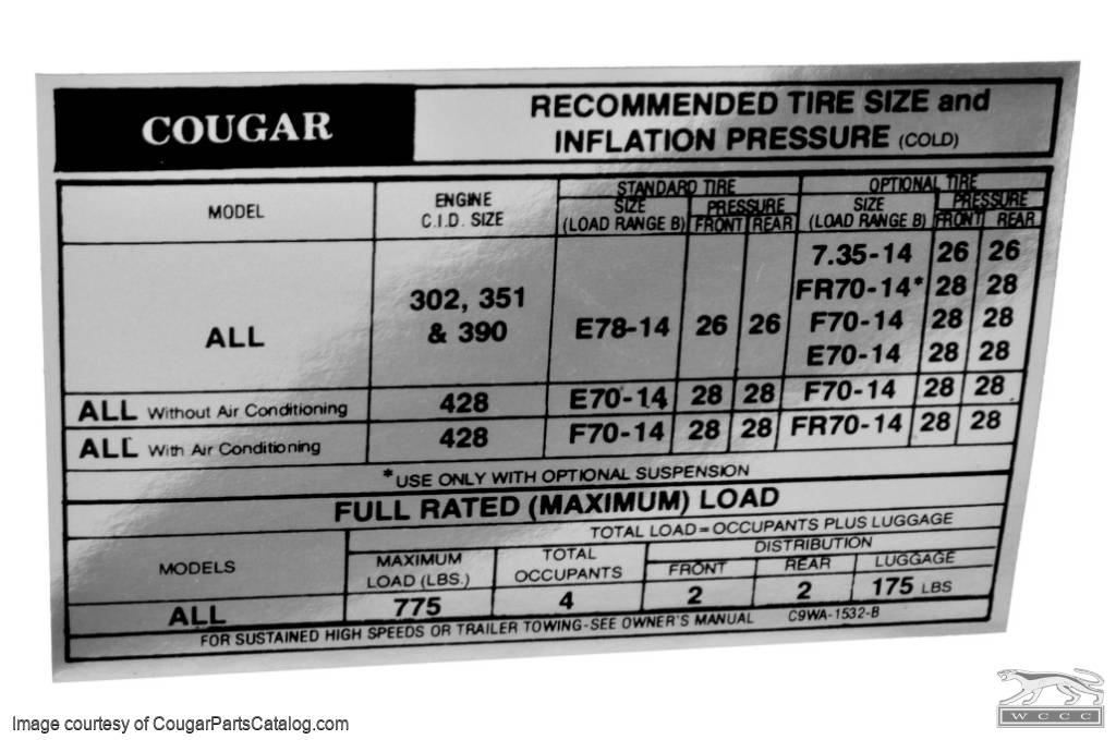 Decal - Tire Pressure - Repro ~ 1969 Mercury Cougar - 26413