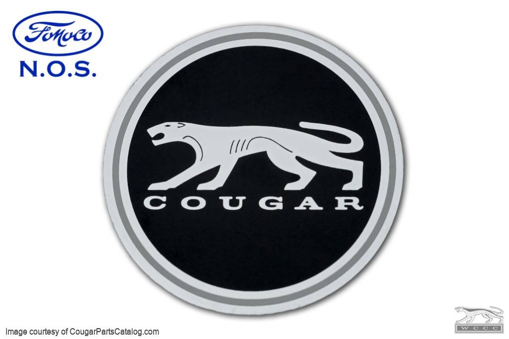 Decal - Center Cap - BLACK - w/ Chrome Walking Cat Logo - Shelby 10 Spoke Wheels - EACH - NOS ~ 1967 - 1973 Mercury Cougar - 26473