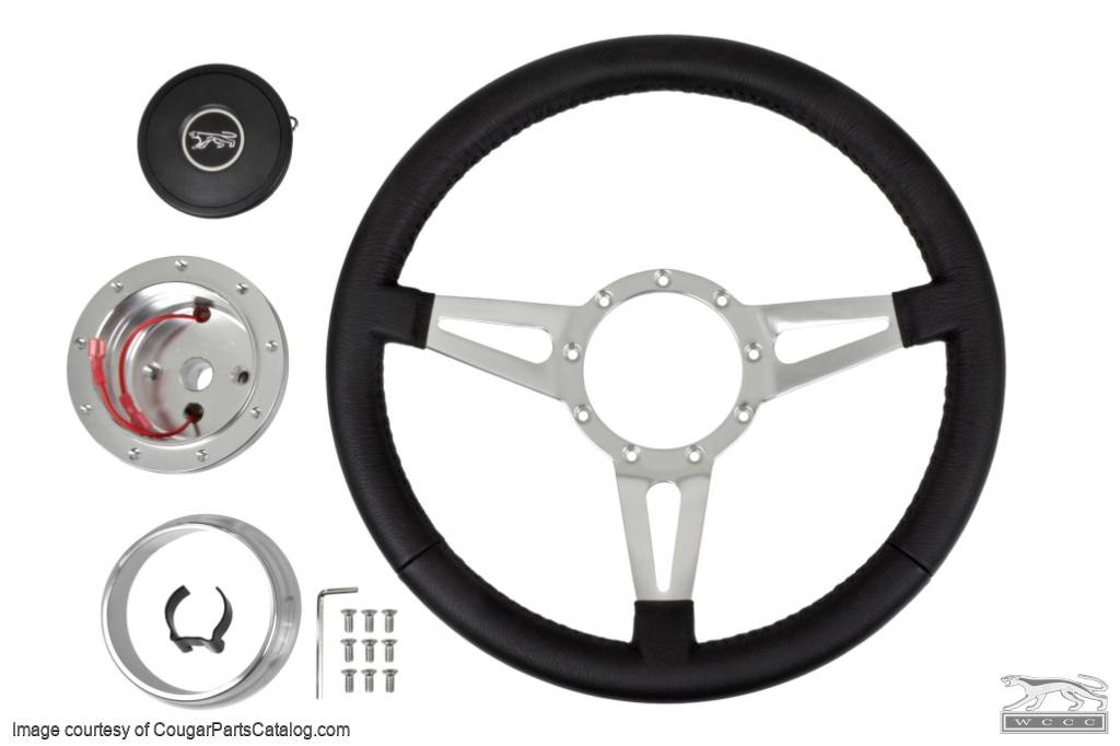 Steering Wheel - 14" Black Leather / Chrome - Repro ~ 1967 Mercury Cougar  - 30362