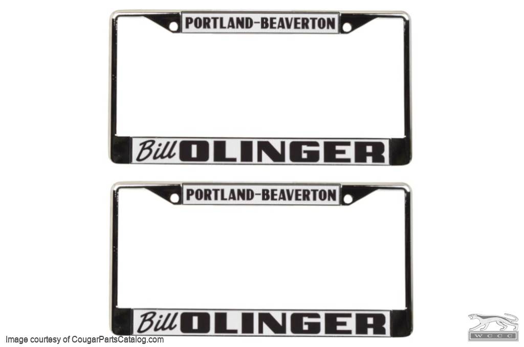 License Plate Frames - PAIR - Chrome - Portland / Beaverton Dealer - Repro ~ 1967 - 1973 Mercury Cougar  - 31873