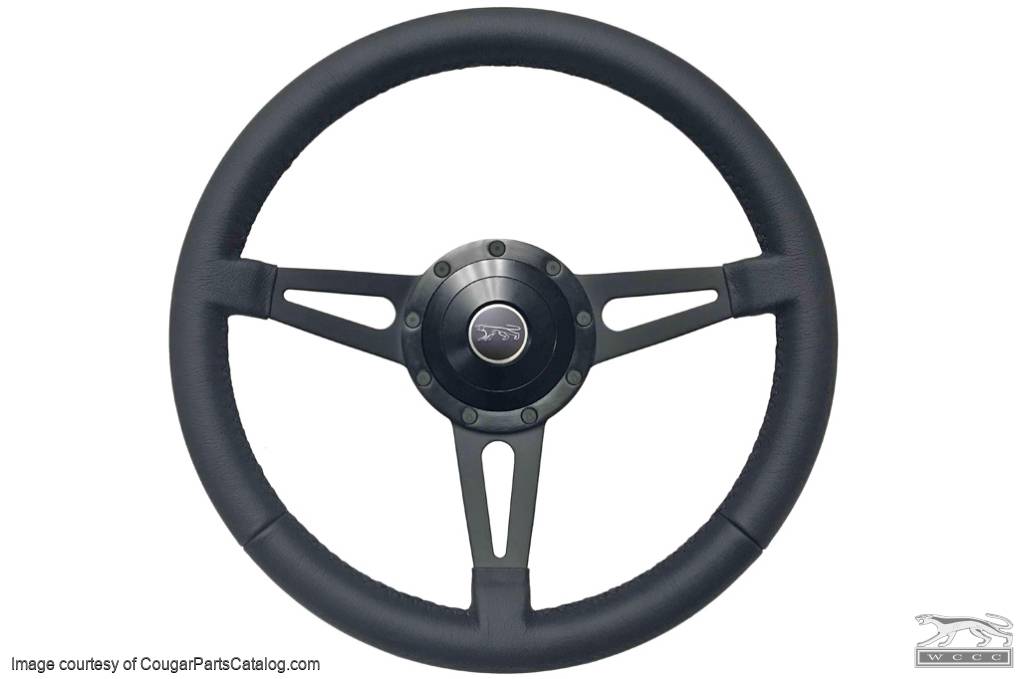 Steering Wheel - 14" Black Leather / Black Steel - Repro ~ 1968 - 1973 Mercury Cougar - 32643