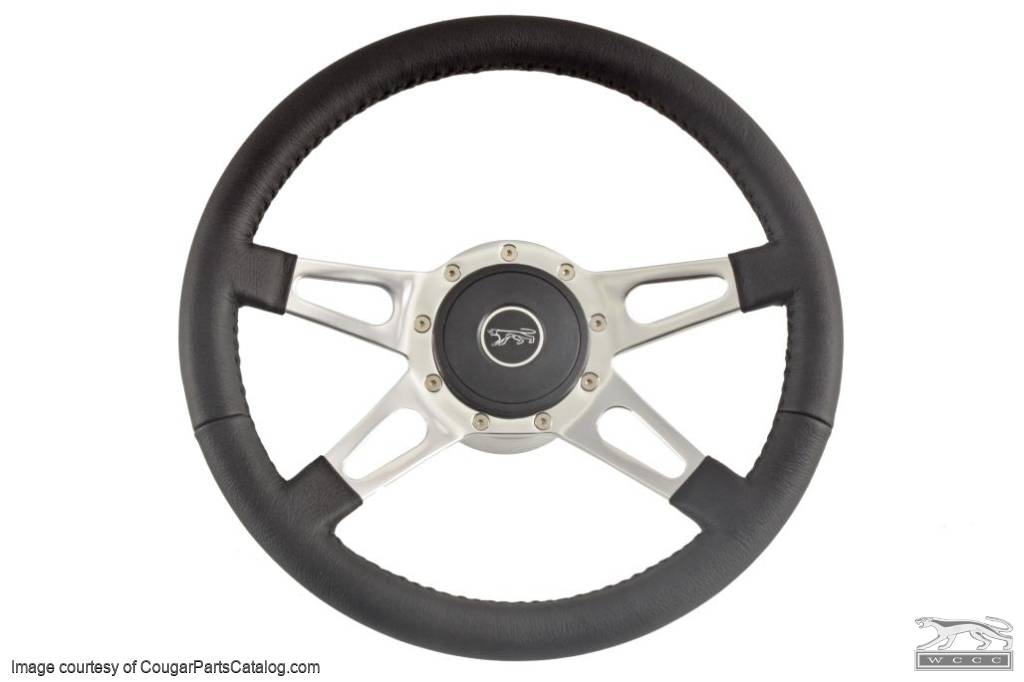 Steering Wheel - 14" Black Leather / Chrome - 4 Spoke - Repro ~ 1968 - 1973 Mercury Cougar - 32649