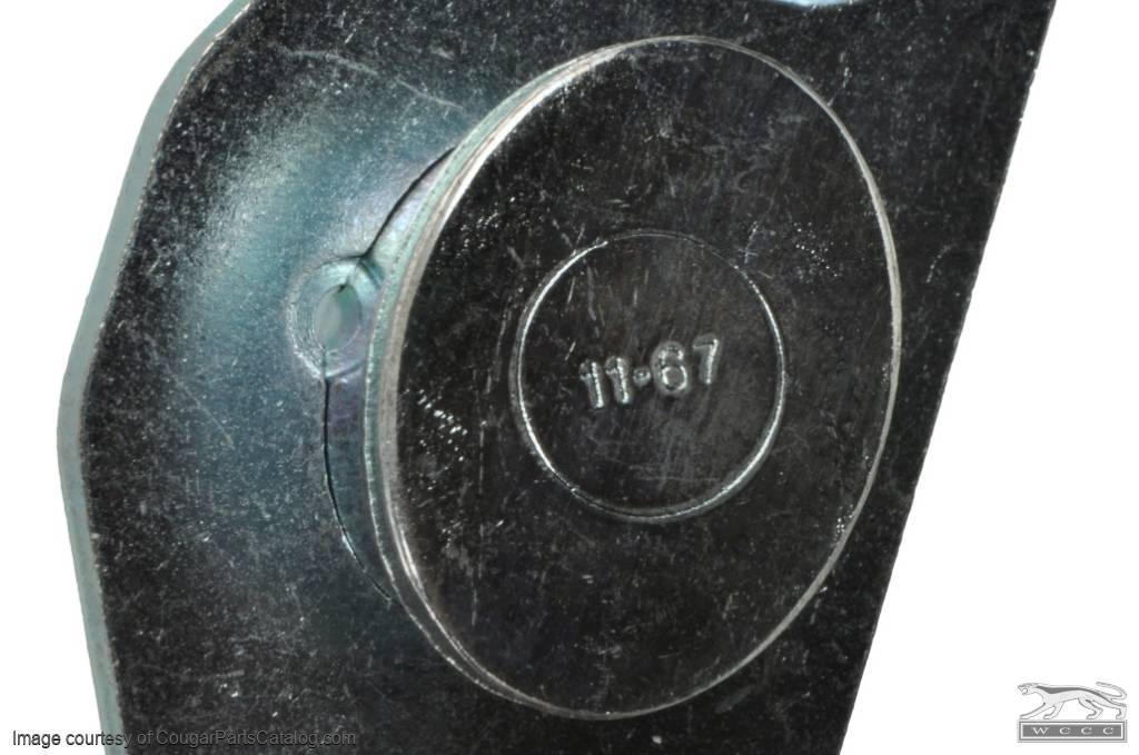 Door Striker Plate And Shim Date Stamped 11-67 - Repro ~ 1967 - 1970 Mercury Cougar - 1967 - 1970 Ford Mustang - 41786