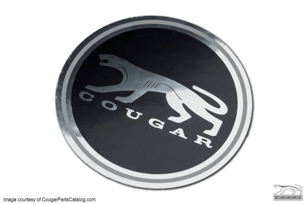 Decal - Center Cap - BLACK - w/ Chrome Walking Cat Logo - Shelby 10 Spoke Wheels - EACH - NOS ~ 1967 - 1973 Mercury Cougar - 26473