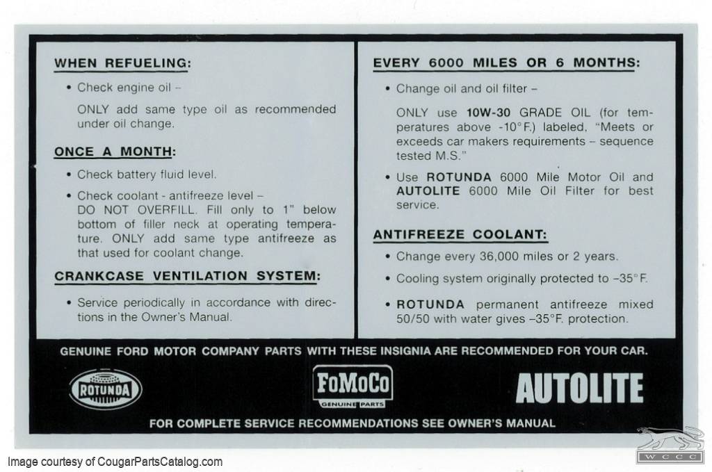 Decal - Service Specifications - Repro ~ 1967 - 1969 Mercury Cougar / 1967 - 1969 Ford Mustang - 26279